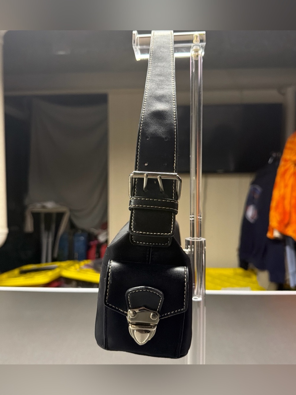 Prada Black Shoulder Bag Logo Accent Zip Closure Silver Hardware Side Pockets - Picture 5 of 8